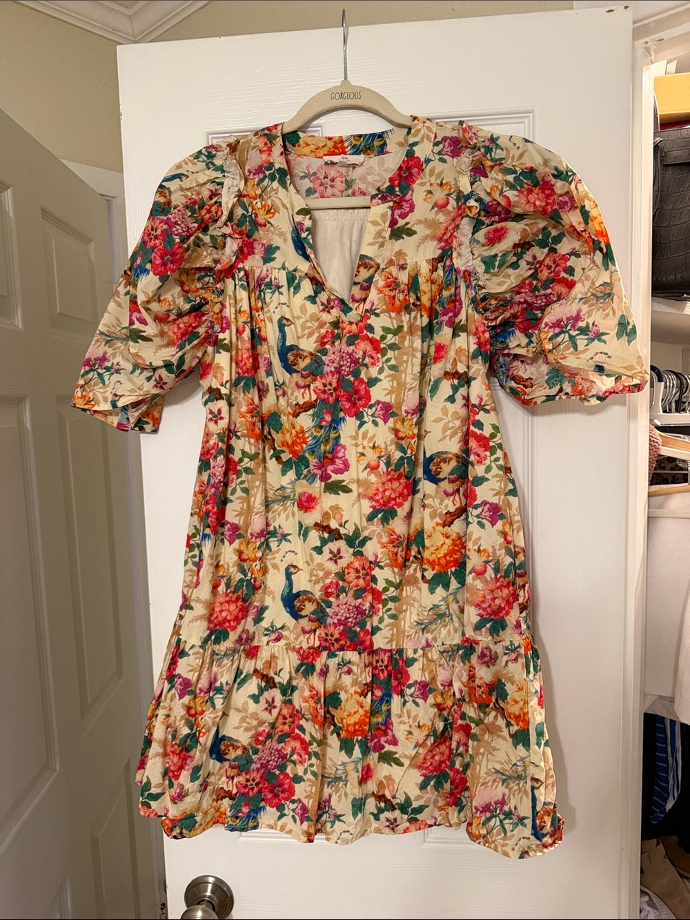 Floral Puff-Sleeve Mini Dress in Cream with Multicolor Print